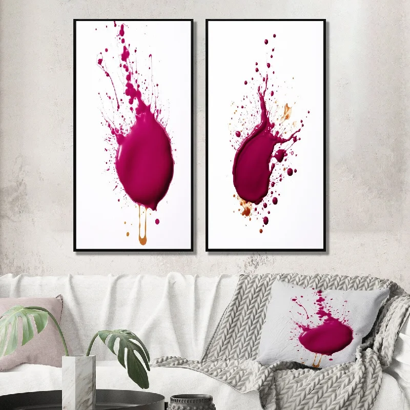 Designart "Viva Magenta Paint Splatter I" Abstract Painting Framed Wall Art Set Of 2 Canvas Set For Living Room Decor