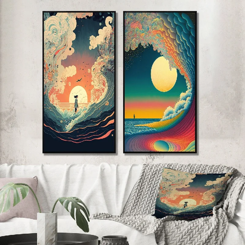 Designart "Walking Over The Waves To The Full Moon I" Nautical & Beach Wall Art Décor - Traditional Wall Art Set Of 2