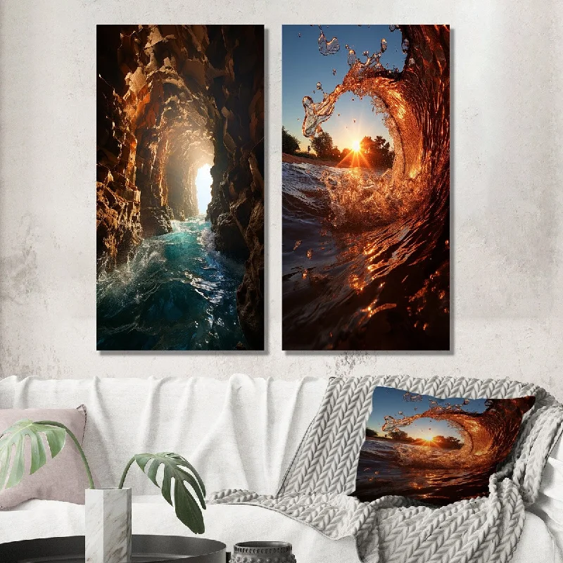 Designart "Waves In Cave Heading Towards The Sun" Coastal Waves Wall Art Set of 2 - Coastal Wall Art For Home Decor