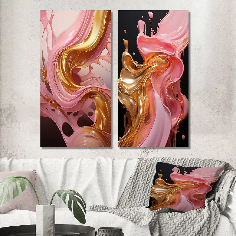 Designart "Whimsical Lquid Pink And Gold Glam Art III" Abstract Wall Art Set of 2 - Transitional For Living Room Decor