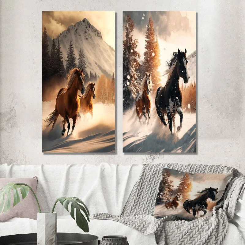 Designart "Wild Horses Galopping Winter Scene IV" Animals Horse Wall Art Set of 2 Children's Art Wall Art For Home Decor