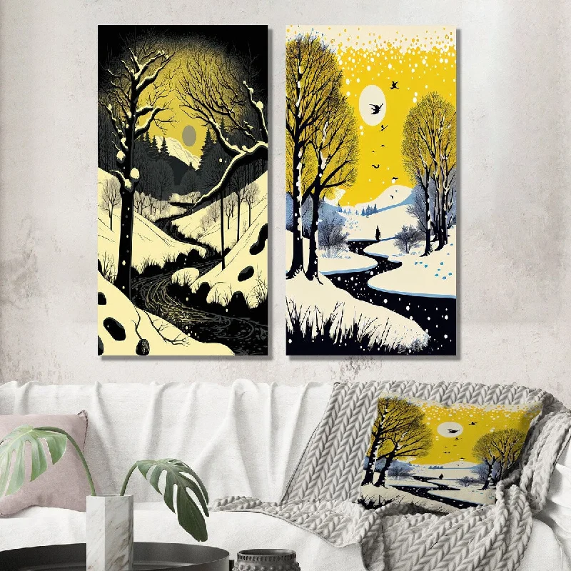 Designart "Winter Trees With Snow Mountain River I" Landscape Forest Wall Art Set of 2 - Country For Office Decor