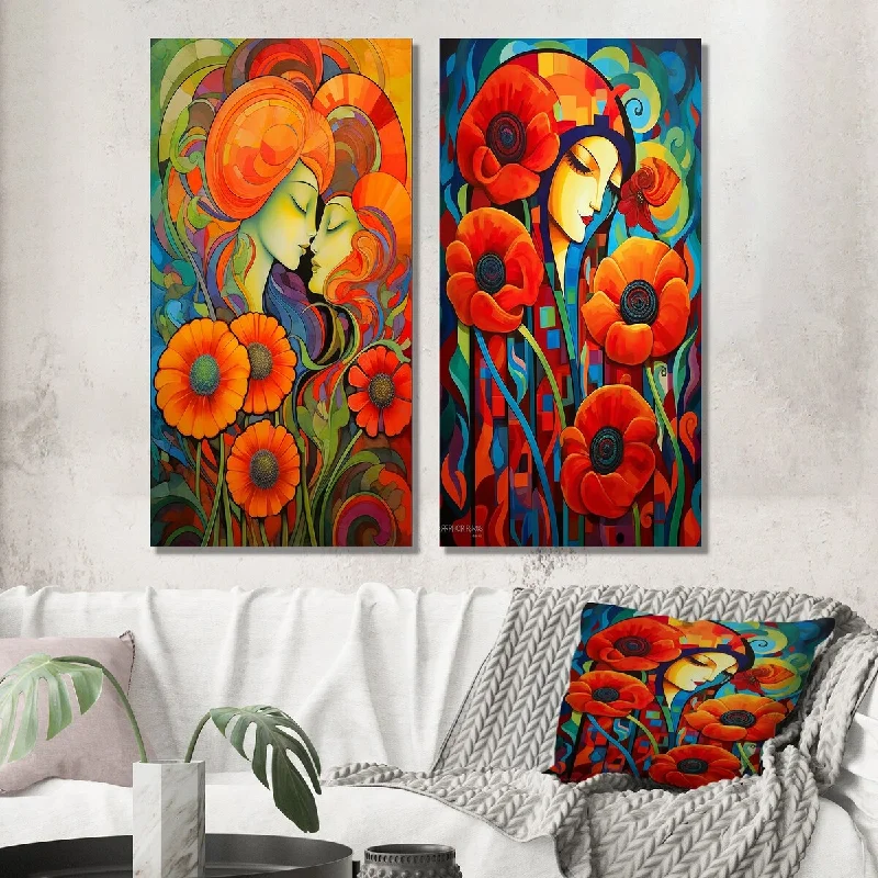 Designart "Woman Portrait Blossoming Retro Red Poppies" Poppies Wall Art Set of 2 - Traditional Wall Art For Home Decor