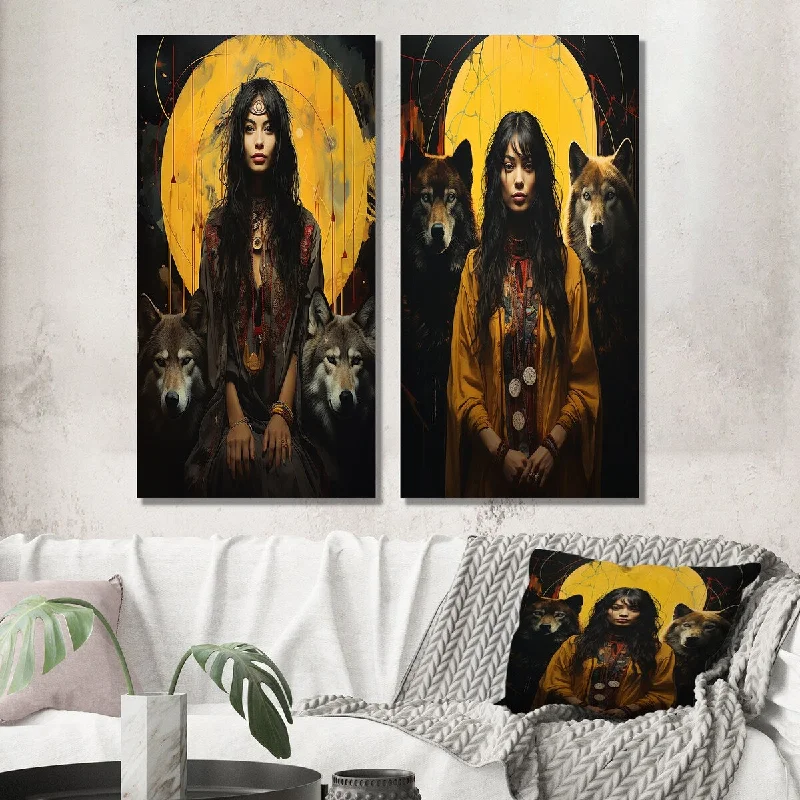 Designart "Woman Who Dances With The Wolves Native Beauty II" Indian Woman Wall Art Set of 2 - Glam For Office Decor