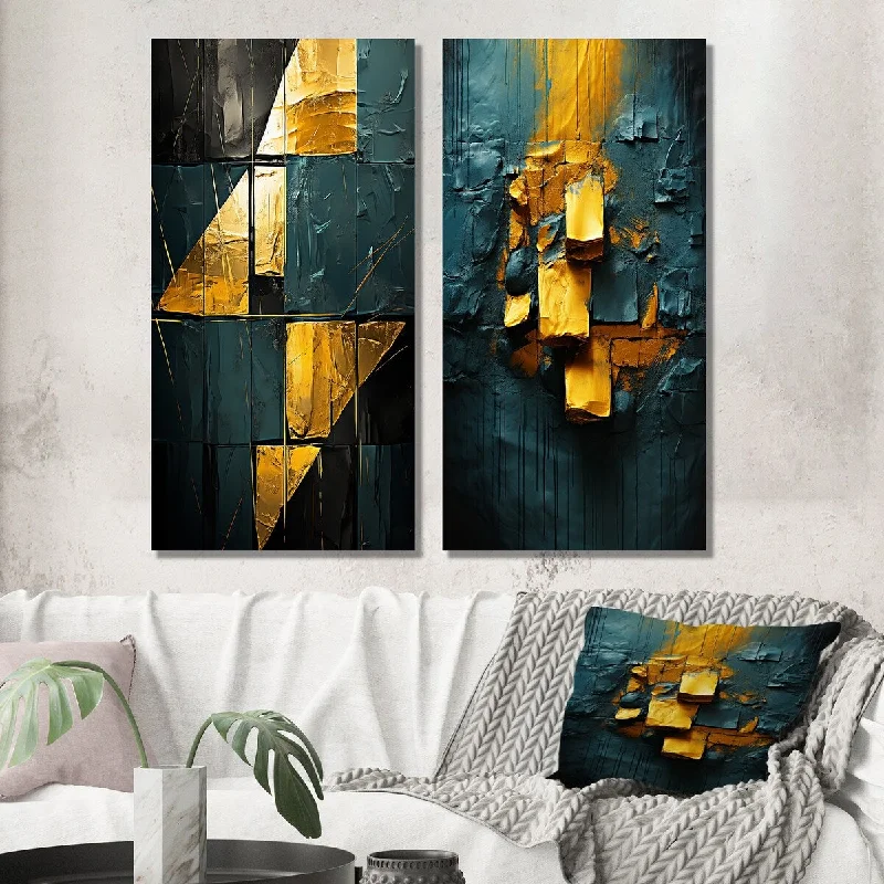 Designart "Yellow Interlude Abstract Expressionism Teal" Abstract Wall Art Set of 2 - Modern Printed Wall Décor