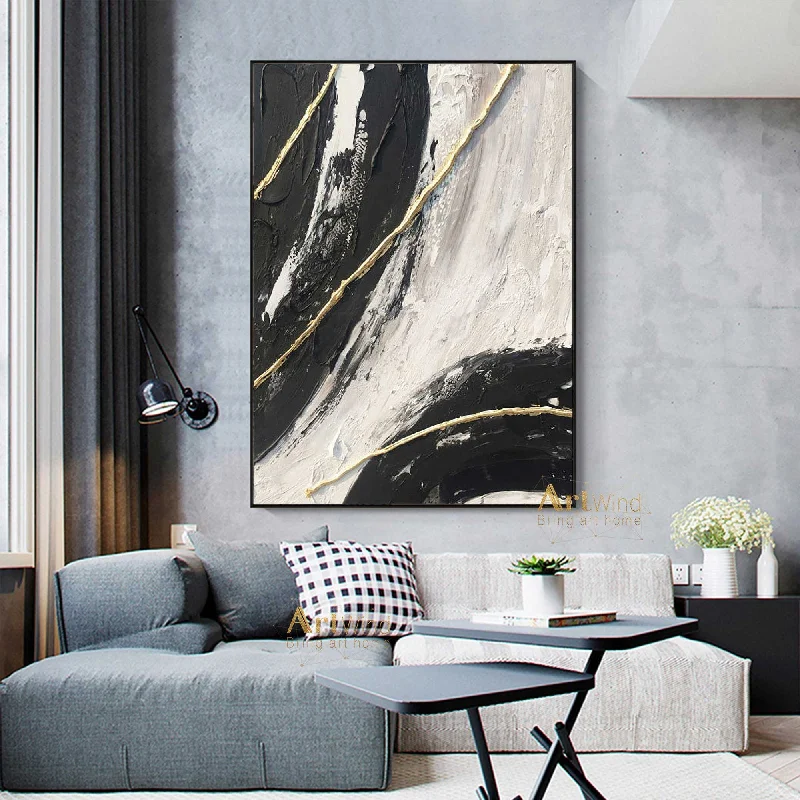 Gold Leaf Art Original Artwork Black And Beige Painting Textured Painting Dp041