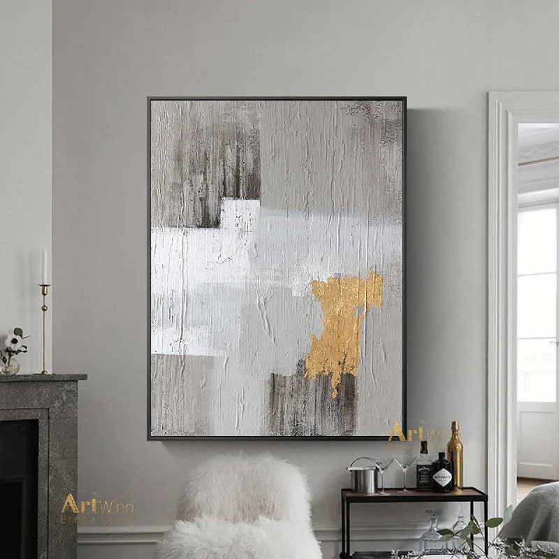 Grey And Gold Art White Painting Modern Wall Art Original Artwork Bedroom Decor Dp040