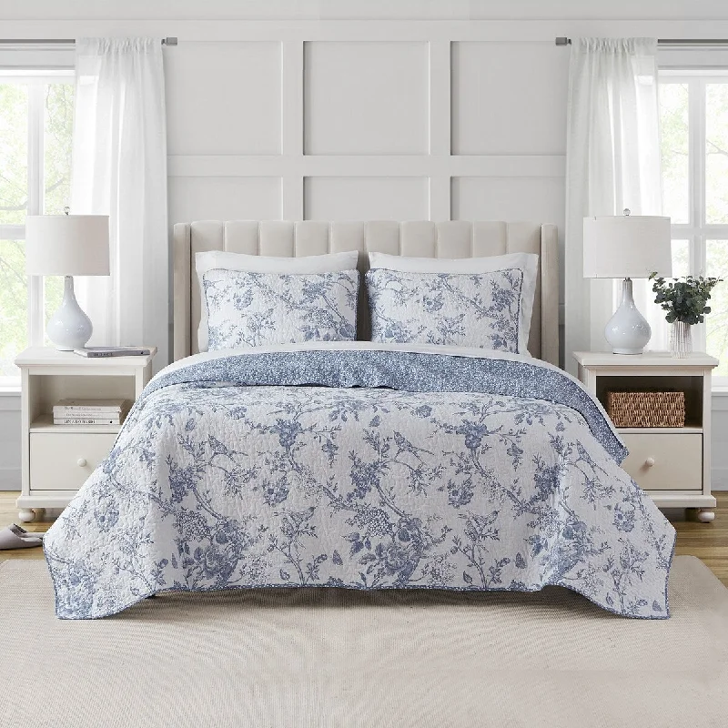 CEDAR COURT Chantilly Toile Floral Blue Cotton Quilt Set