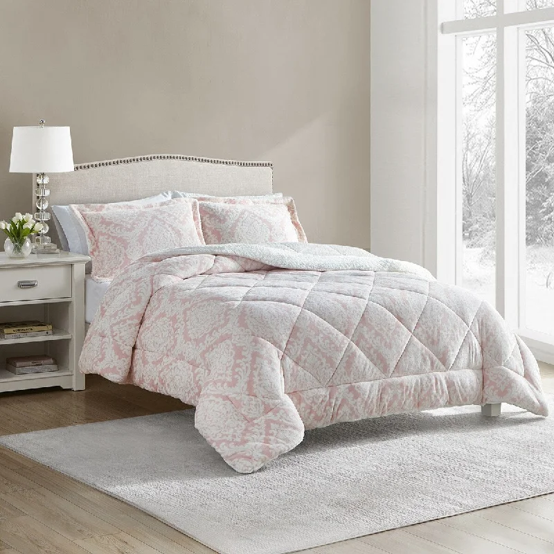 CEDAR COURT Hyde Damask Blush Pink 3-Piece Ultra Plush/Sherpa Comforter Set