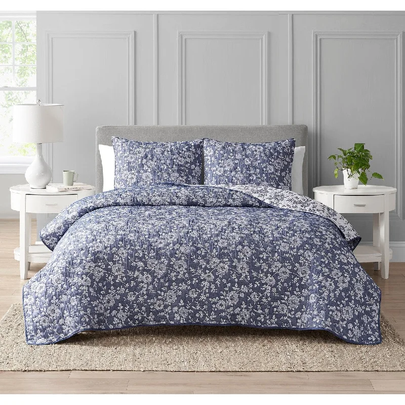 CEDAR COURT Marguerite Floral Navy Soft Matelasse Jacquard Quilt Set