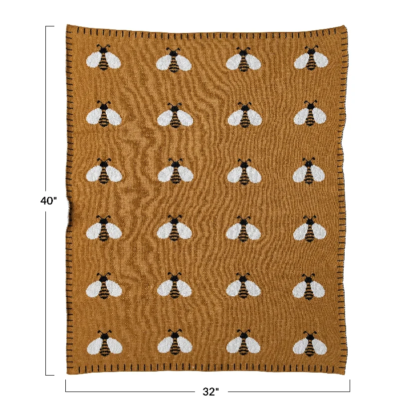 Cotton Knit Baby Blanket with Bee Print - 40.0"L x 32.0"W x 0.3"H - 40.0"L x 32.0"W x 0.3"H