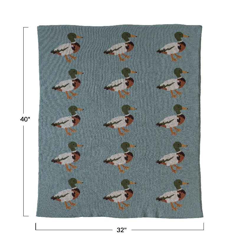 Cotton Knit Baby Blanket with Duck Print - 40.0"L x 32.0"W x 0.3"H - 40.0"L x 32.0"W x 0.3"H