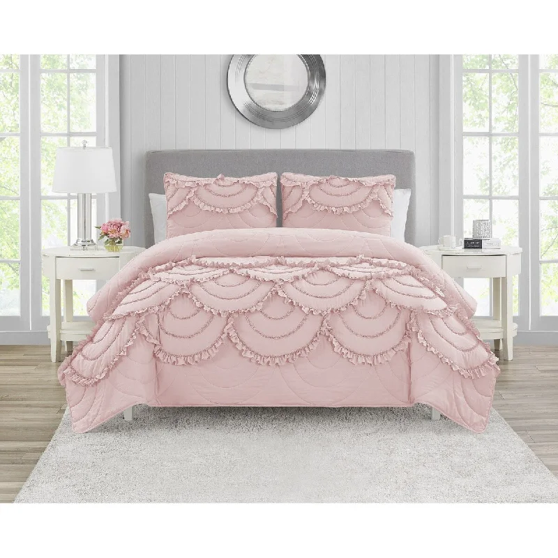 DESIGN STUDIO Scallop Ruffle Garment Washed Soft Solid Quilt Set