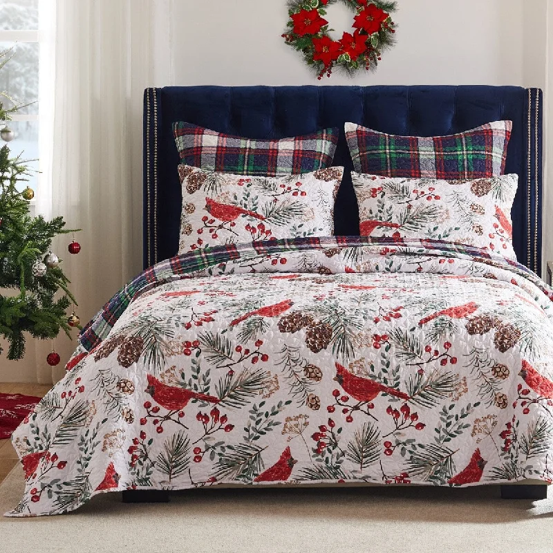 Greenland Home Cardinal Plaid Winter Wonderland Reversible Quilt Set