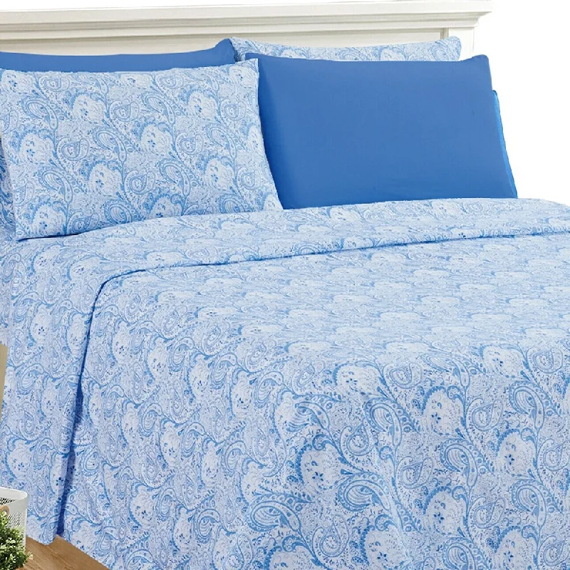 Luxury 6 Piece Bed Sheet Set 1800 Count Paisley CalKing White Blue