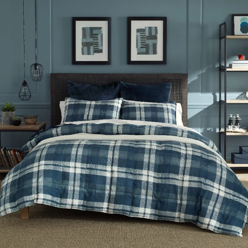 Nautica Crossview Plaid Microsuede Blue Comforter Set