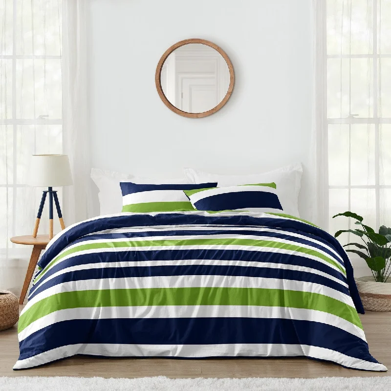 Navy and Lime Green on White Stripe Full/Queen 3-piece Comforter Set