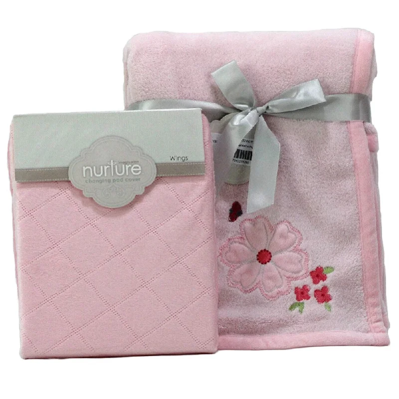 Nurture Pink Floral Nursery Plush Blanket and Changing Pad Cover Set