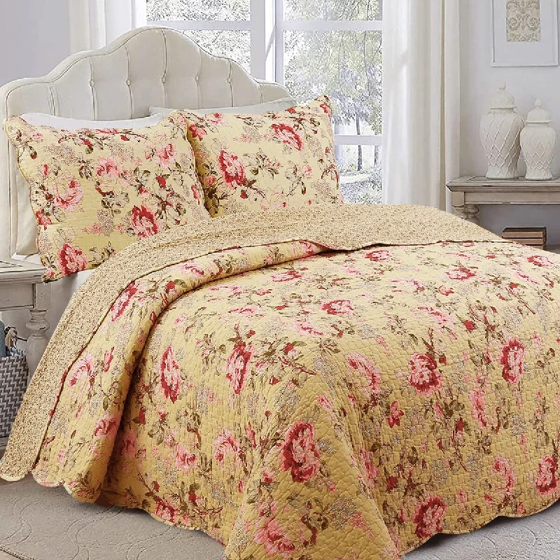 Porch & Den Gladiola Pink Rose Cottage Cotton Quilt Bedding Set