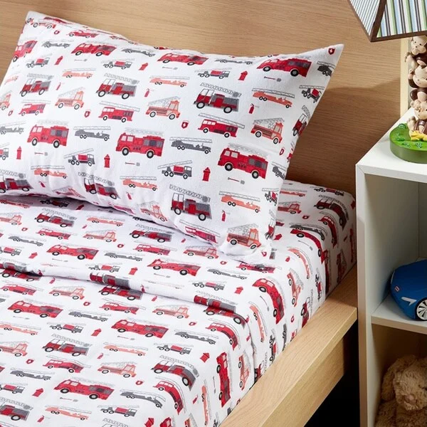 Porch & Den Sonnet Kid's Fire Truck Pattern Cotton Flannel Sheet Set Size- Full