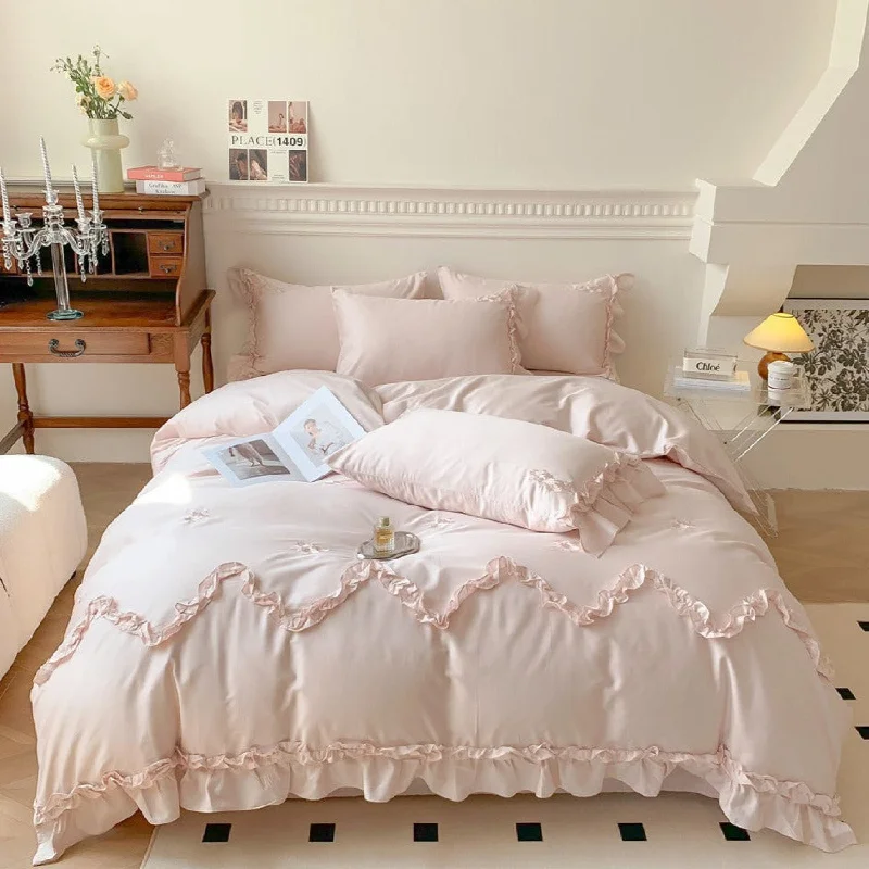 Rose Lace Embroidered Ruffle Bedding Set / Pastel Pink