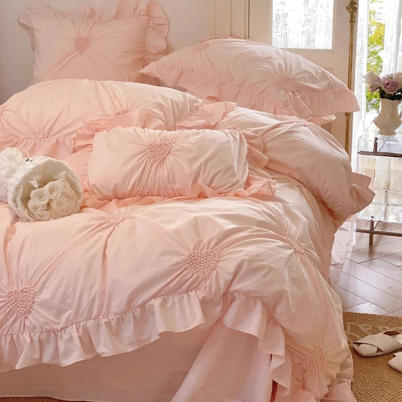 Sweet Heart Embroidered Ruffle Bedding Set / Pink