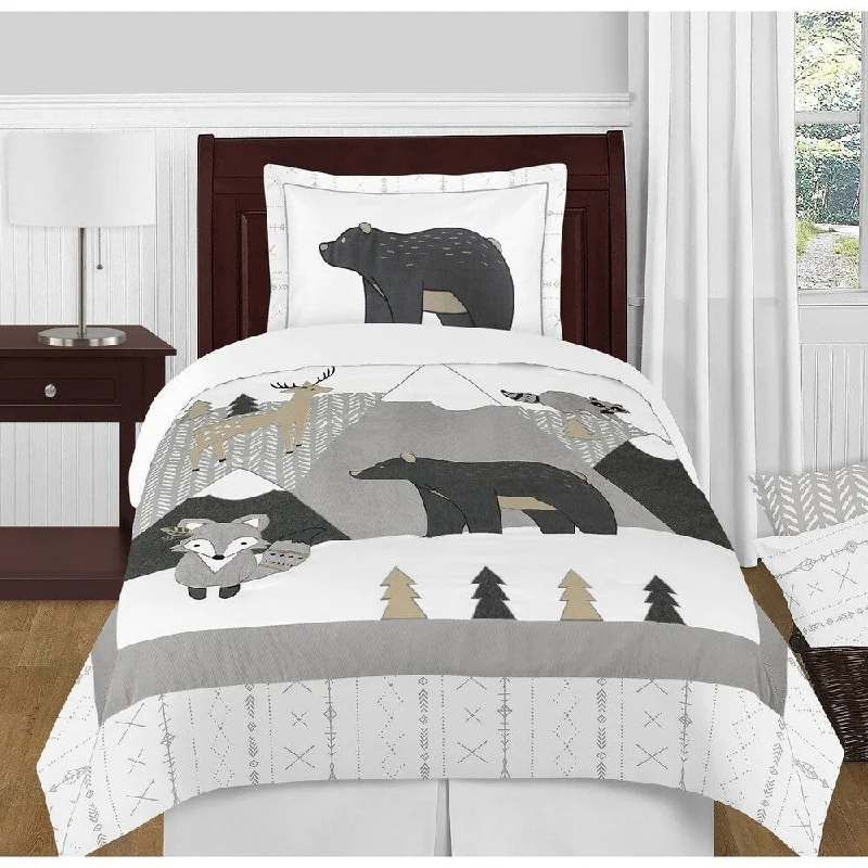 Sweet Jojo Designs Beige Grey Boho Mountain Animal Woodland Forest Friends Collection Unisex Boy or Girl 4-pc Twin Comforter Set