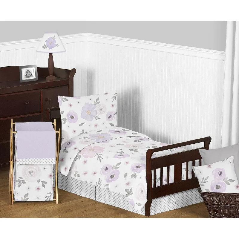 Sweet Jojo Designs Lavender Purple Pink Grey Shabby Chic Watercolor Floral Collection Girl 5-Piece Toddler-size Comforter Set