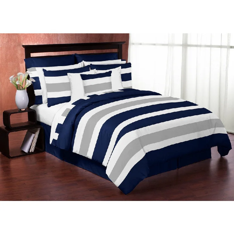 Sweet Jojo Designs Navy Blue and Gray Stripe 4-piece Twin Comforter Set