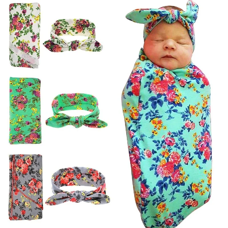 Sweet Newborn Baby Swaddle Blanket & Headband 3 Pack Receiving Blanket - 33" x 33" - 33" x 33"