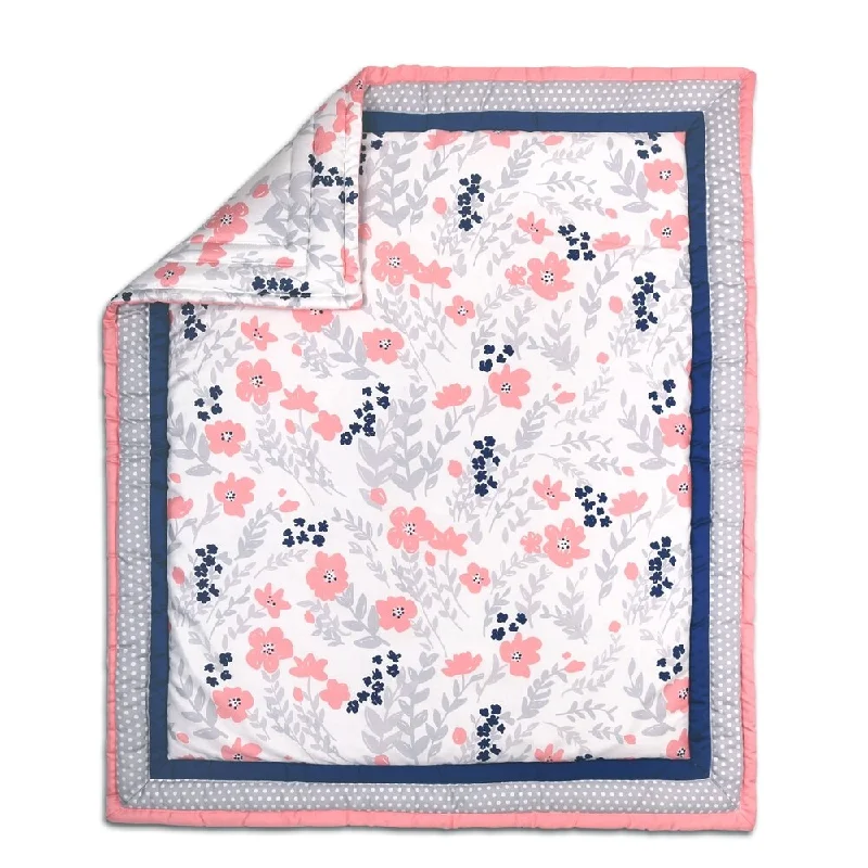 The Peanut Shell Floral and Dot Cotton Quilt in Coral/Grey