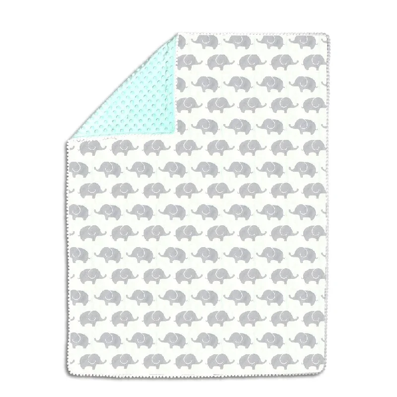 The Peanutshell Mint & Grey Elephants Pompom Blanket.