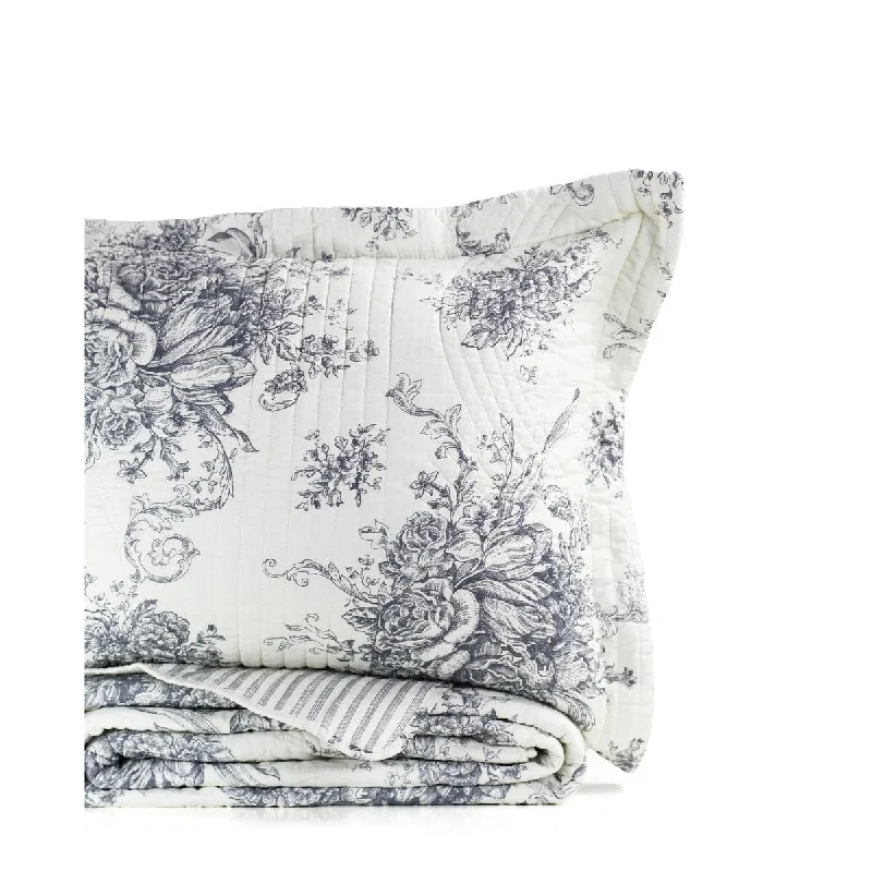 Toile and Bamboo Stripes Reversible Cotton Quilt Set