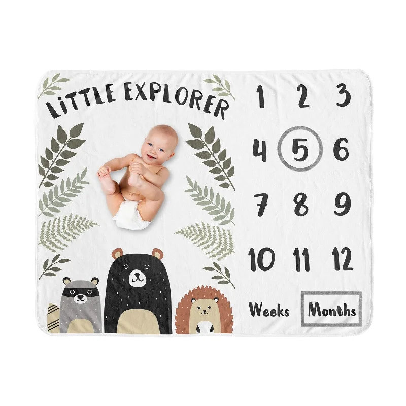 Woodland Animals Boy Girl Baby Monthly Milestone Blanket - Gender Neutral Beige Green Black and Grey Forest Pals Bear Racoon