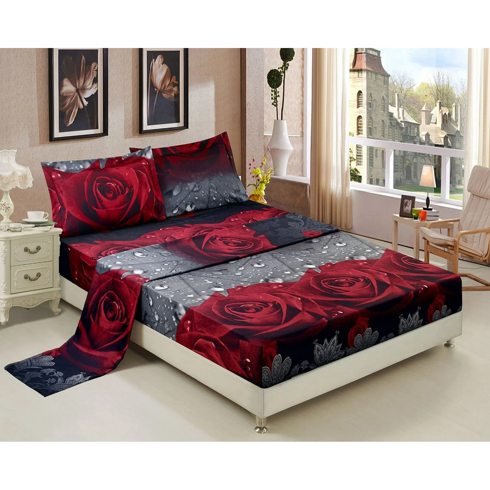 4 Piece 3D Rose Love Romantic Moment Printed Sheet Set (Y28) - Soft, Breathable, Hypoallergenic, Fade Resistant -Includes 1 Flat Sheet,1 Fitted Sheet,2 Shams