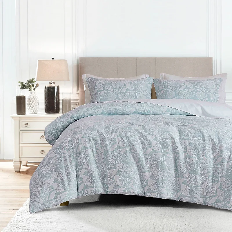 HIG 7pc Floral Jacquard Bed in a Bag Light Blue Botanical Comforters with Flat Sheet, Fitted Sheet and Shams