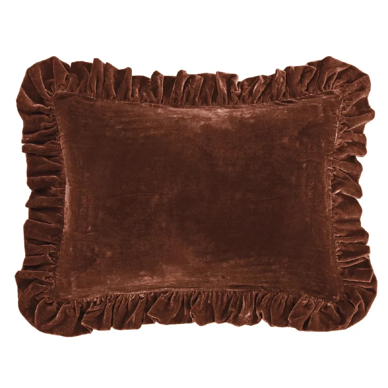 Stella Copper Brown Faux Silk Velvet Ruffled Dutch Euro Sham