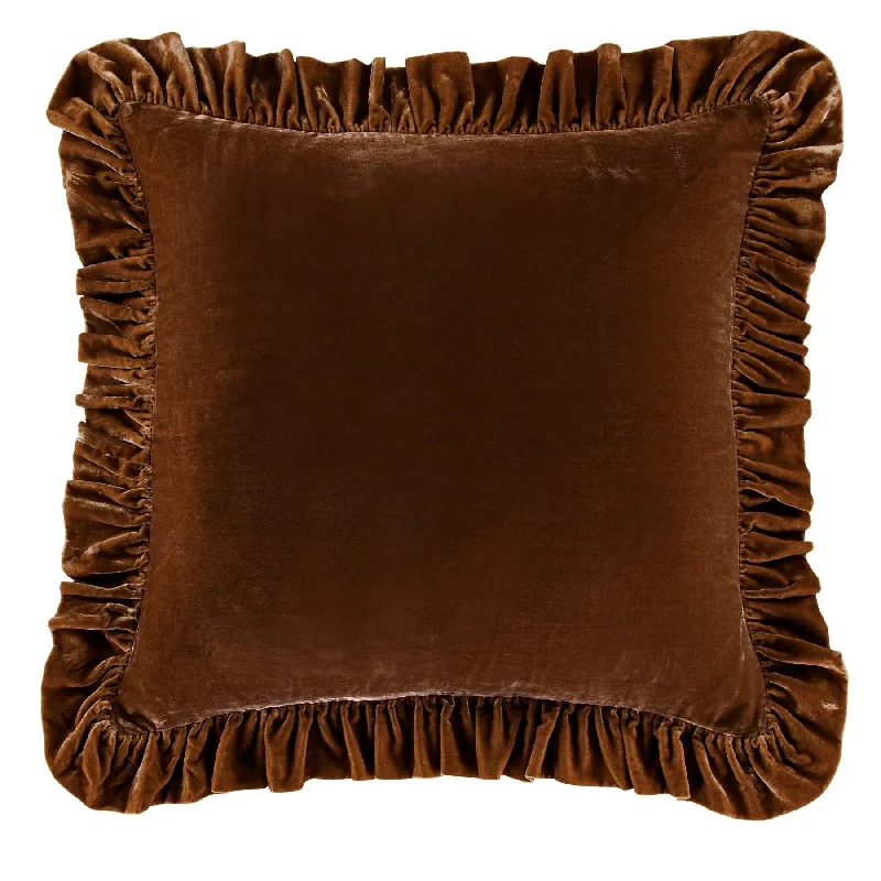 Stella Copper Brown Faux Silk Velvet Ruffled Euro Sham