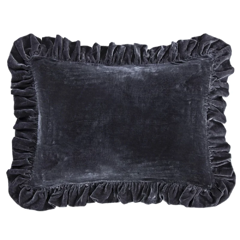 Stella Dark Slate Faux Silk Velvet Ruffled Dutch Euro Sham